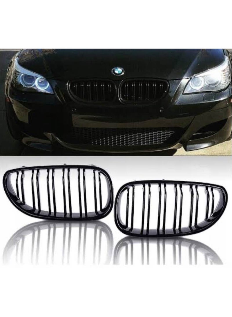 بي إم دبليو شبكة سيارة أمامية كلوية سوداء لامعة متوافقة مع بي إم دبليو الفئة الخامسة E60/E61 (2003-2010) | تناسب 528i 535i M5 | تصميم شرائح مزدوجة | مجموعة من قطعتين | تركيب مباشر - Image 2